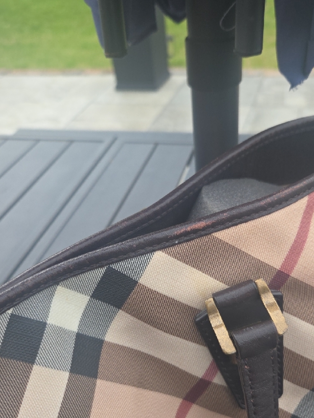 Burberry Beige Plaid Tote with Black Leather Handles and Gold Studs - Picture 8 of 13